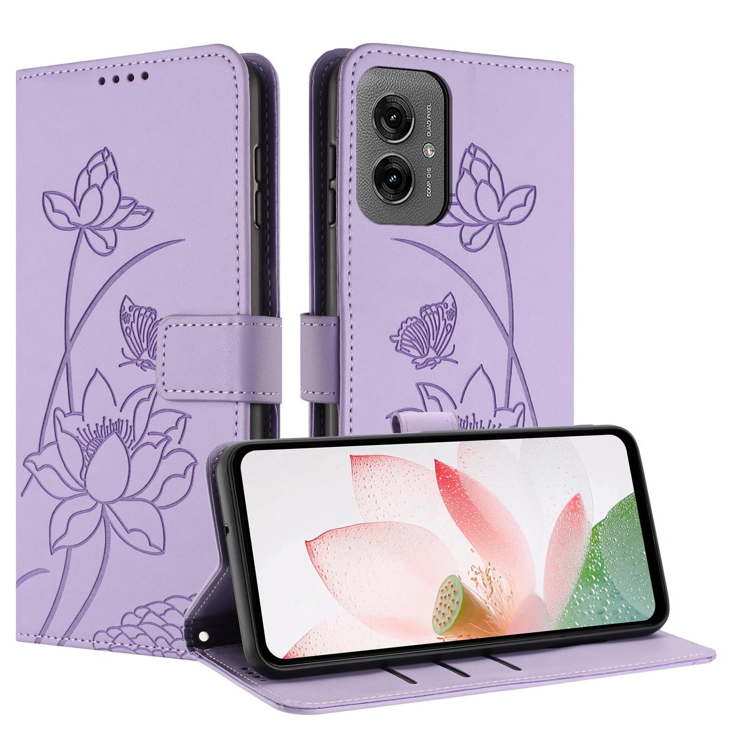 Motorola Moto G55 Lotus Embossed PU Leather Wallet Phone Case with Card Holder, Cash Pocket, Magnetic Flip Stand Cover, Wrist Lanyard Strap, Shockproof TPU Protective Folio Case - Purple