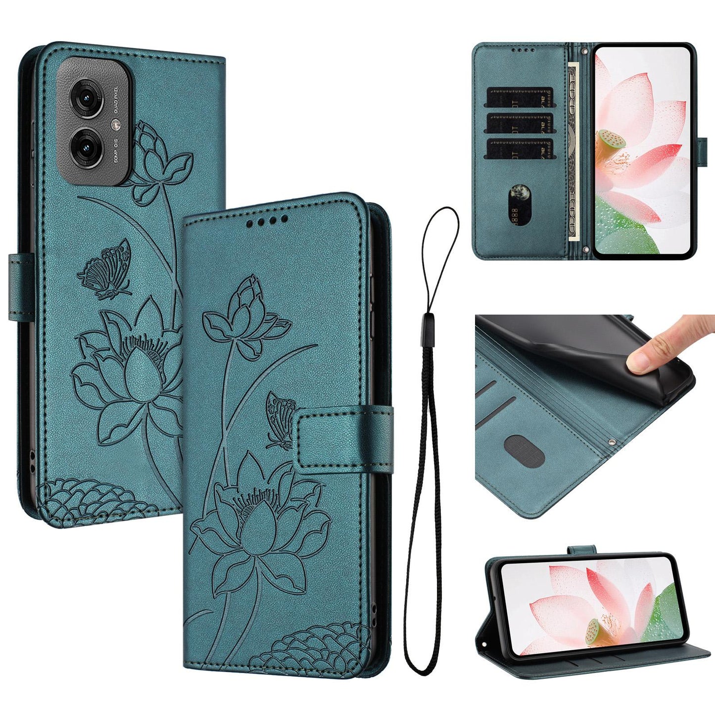 Motorola Moto G55 Lotus Embossed PU Leather Wallet Phone Case with Card Holder, Cash Pocket, Magnetic Flip Stand Cover, Wrist Lanyard Strap, Shockproof TPU Protective Folio Case - Purple