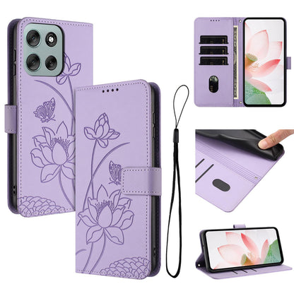 Motorola Moto G56 5G Lotus Embossed PU Leather Wallet Phone Case with Card Holder, Cash Pocket, Magnetic Flip Stand Cover, Wrist Lanyard Strap, Shockproof TPU Protective Folio Case - Purple