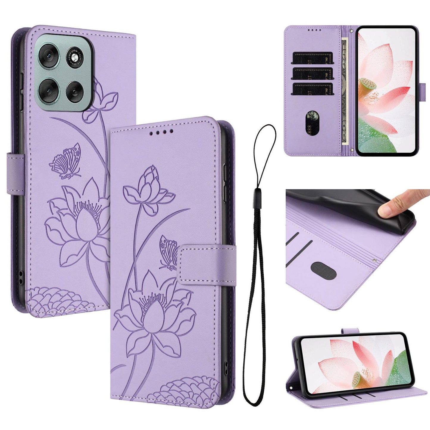 Motorola Moto G66y 5G Lotus Embossed PU Leather Wallet Phone Case with Card Holder, Cash Pocket, Magnetic Flip Stand Cover, Wrist Lanyard Strap, Shockproof TPU Protective Folio Case - Purple