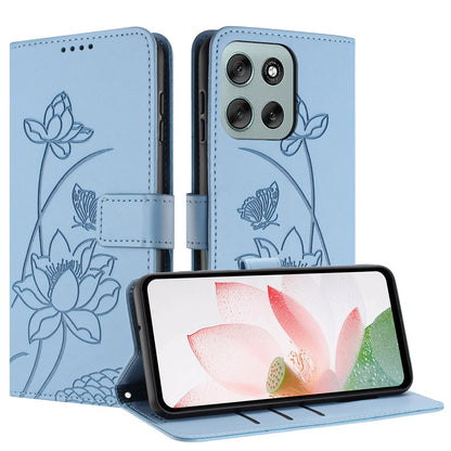 Motorola Moto G66y 5G Lotus Embossed PU Leather Wallet Phone Case with Card Holder, Cash Pocket, Magnetic Flip Stand Cover, Wrist Lanyard Strap, Shockproof TPU Protective Folio Case - Purple