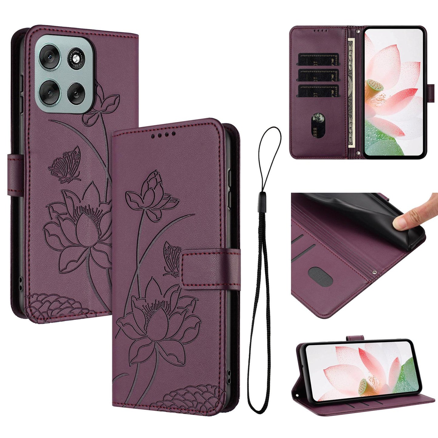 Motorola Moto G56 5G Lotus Embossed PU Leather Wallet Phone Case with Card Holder, Cash Pocket, Magnetic Flip Stand Cover, Wrist Lanyard Strap, Shockproof TPU Protective Folio Case - Purple