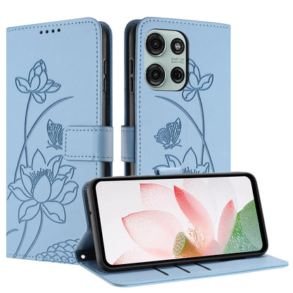 Motorola Moto G75 5G Lotus Embossed PU Leather Wallet Phone Case with Card Holder, Cash Pocket, Magnetic Flip Stand Cover, Wrist Lanyard Strap, Shockproof TPU Protective Folio Case - Purple