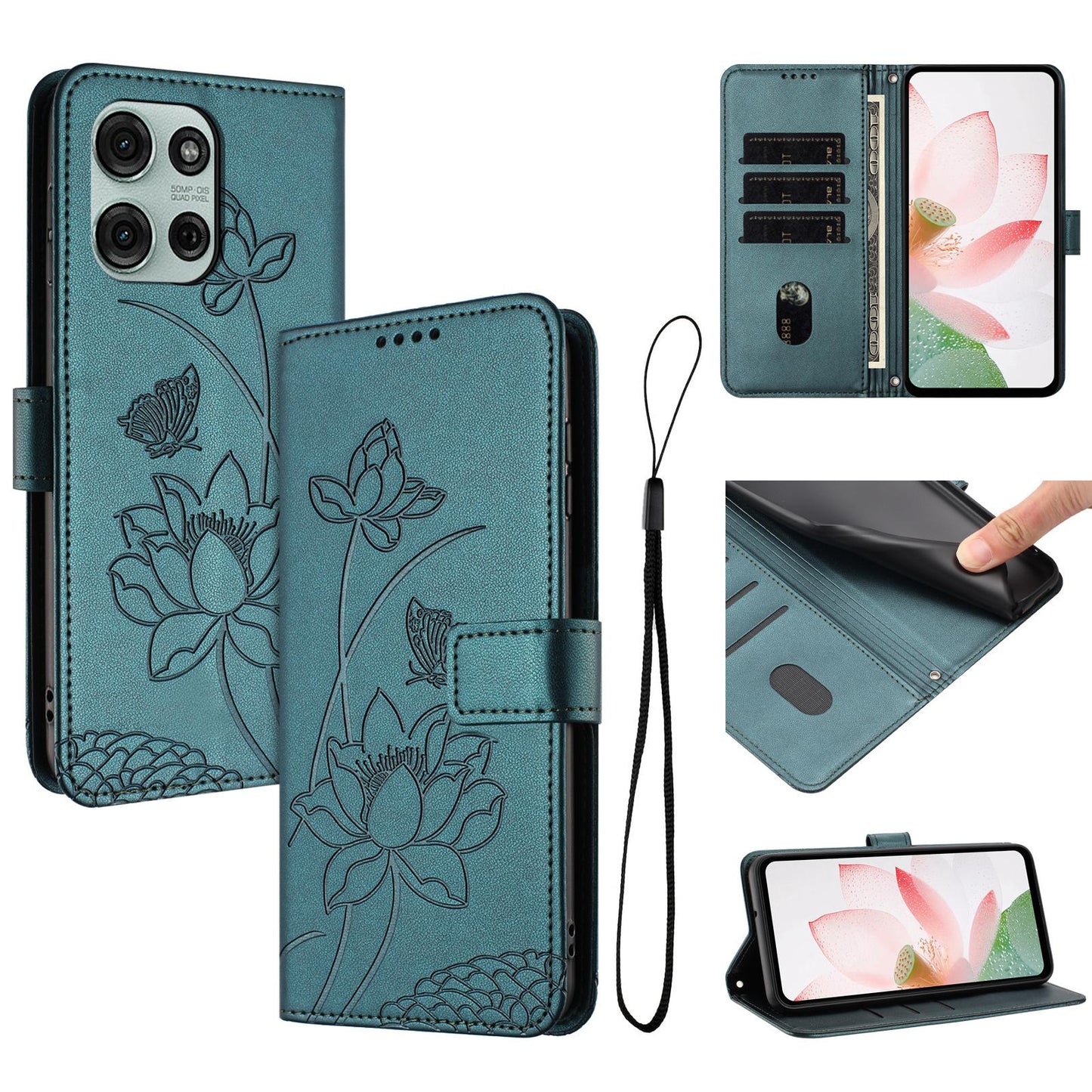 Motorola Moto G75 5G Lotus Embossed PU Leather Wallet Phone Case with Card Holder, Cash Pocket, Magnetic Flip Stand Cover, Wrist Lanyard Strap, Shockproof TPU Protective Folio Case - Purple