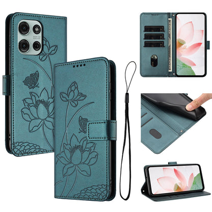 Motorola Moto G75 5G Lotus Embossed PU Leather Wallet Phone Case with Card Holder, Cash Pocket, Magnetic Flip Stand Cover, Wrist Lanyard Strap, Shockproof TPU Protective Folio Case - Purple