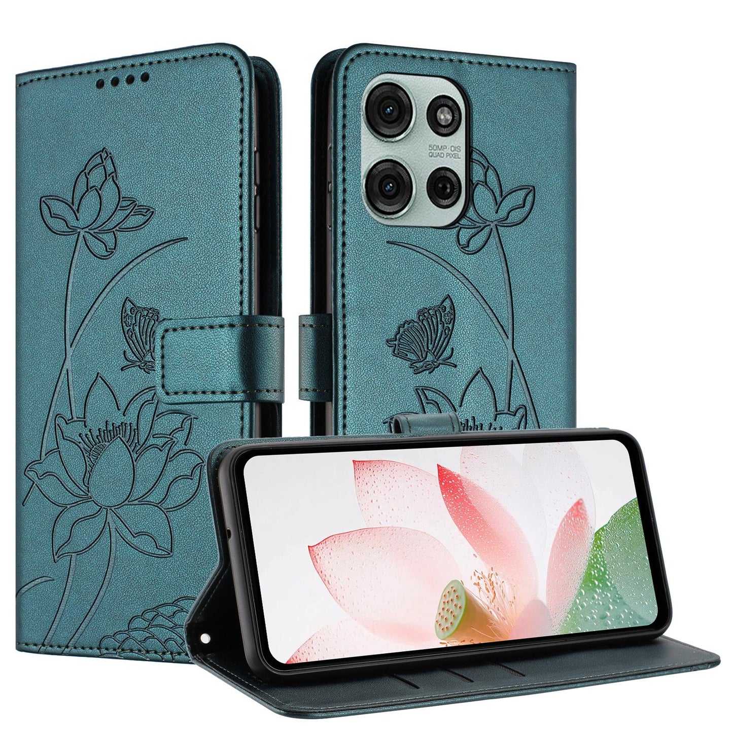 Motorola Moto G75 5G Lotus Embossed PU Leather Wallet Phone Case with Card Holder, Cash Pocket, Magnetic Flip Stand Cover, Wrist Lanyard Strap, Shockproof TPU Protective Folio Case - Purple