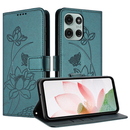 Motorola Moto G75 5G Lotus Embossed PU Leather Wallet Phone Case with Card Holder, Cash Pocket, Magnetic Flip Stand Cover, Wrist Lanyard Strap, Shockproof TPU Protective Folio Case - Purple
