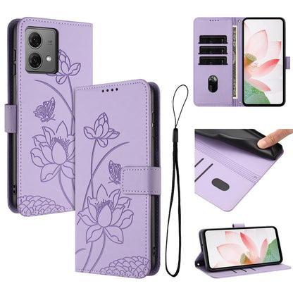 Motorola Moto G84 Lotus Embossed PU Leather Wallet Phone Case with Card Holder, Cash Pocket, Magnetic Flip Stand Cover, Wrist Lanyard Strap, Shockproof TPU Protective Folio Case - Purple