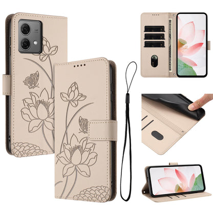 Motorola Moto G84 Lotus Embossed PU Leather Wallet Phone Case with Card Holder, Cash Pocket, Magnetic Flip Stand Cover, Wrist Lanyard Strap, Shockproof TPU Protective Folio Case - Purple
