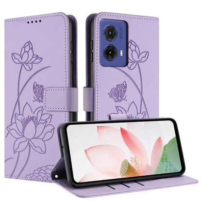 Motorola S50 Neo Lotus Embossed PU Leather Wallet Phone Case with Card Holder, Cash Pocket, Magnetic Flip Stand Cover, Wrist Lanyard Strap, Shockproof TPU Protective Folio Case - Purple