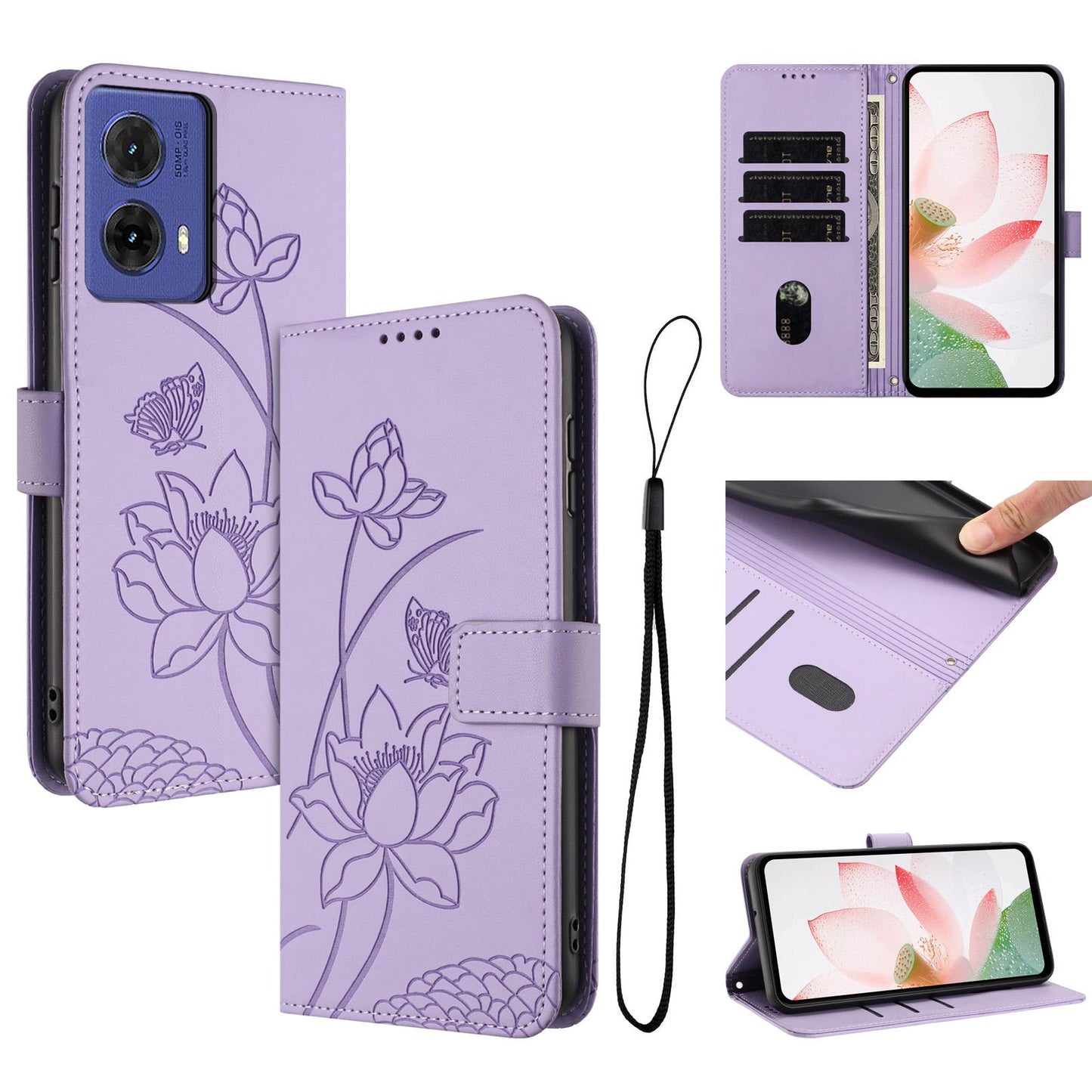 Motorola S50 Neo Lotus Embossed PU Leather Wallet Phone Case with Card Holder, Cash Pocket, Magnetic Flip Stand Cover, Wrist Lanyard Strap, Shockproof TPU Protective Folio Case - Purple