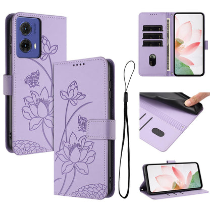 Motorola S50 Neo Lotus Embossed PU Leather Wallet Phone Case with Card Holder, Cash Pocket, Magnetic Flip Stand Cover, Wrist Lanyard Strap, Shockproof TPU Protective Folio Case - Purple