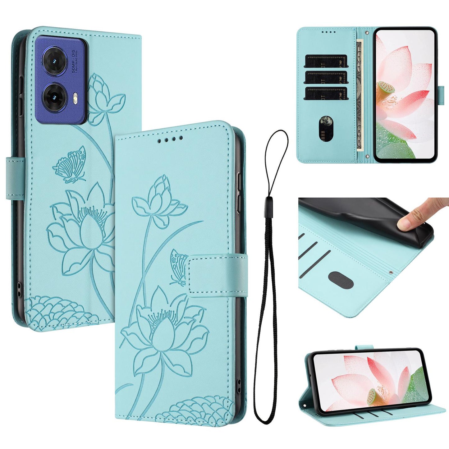 Motorola Moto G85 Lotus Embossed PU Leather Wallet Phone Case with Card Holder, Cash Pocket, Magnetic Flip Stand Cover, Wrist Lanyard Strap, Shockproof TPU Protective Folio Case - Purple