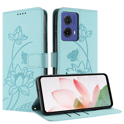 Motorola S50 Neo Lotus Embossed PU Leather Wallet Phone Case with Card Holder, Cash Pocket, Magnetic Flip Stand Cover, Wrist Lanyard Strap, Shockproof TPU Protective Folio Case - Purple