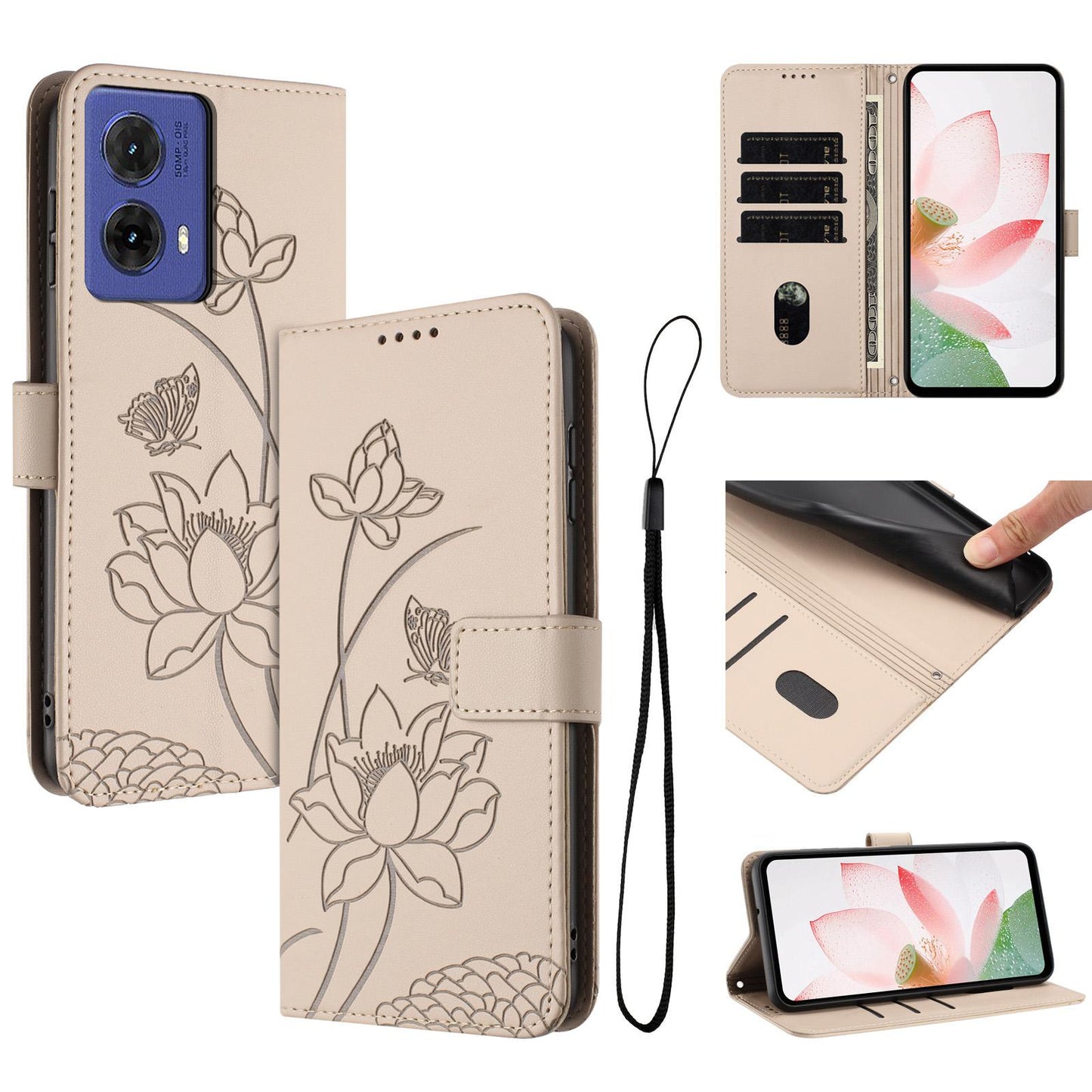 Motorola Moto G85 Lotus Embossed PU Leather Wallet Phone Case with Card Holder, Cash Pocket, Magnetic Flip Stand Cover, Wrist Lanyard Strap, Shockproof TPU Protective Folio Case - Purple