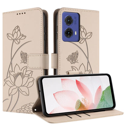Motorola Moto G85 Lotus Embossed PU Leather Wallet Phone Case with Card Holder, Cash Pocket, Magnetic Flip Stand Cover, Wrist Lanyard Strap, Shockproof TPU Protective Folio Case - Purple
