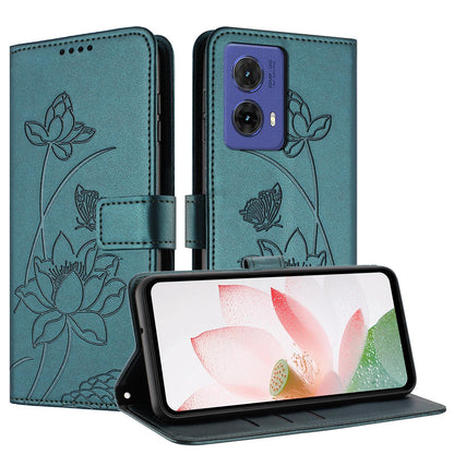 Motorola Moto G85 Lotus Embossed PU Leather Wallet Phone Case with Card Holder, Cash Pocket, Magnetic Flip Stand Cover, Wrist Lanyard Strap, Shockproof TPU Protective Folio Case - Purple