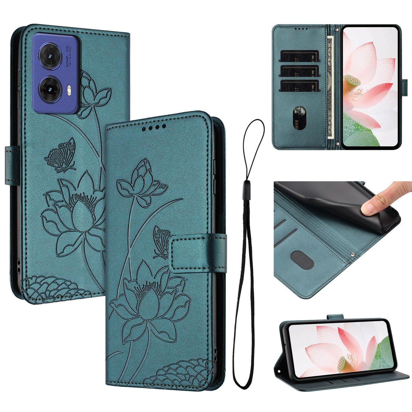 Motorola S50 Neo Lotus Embossed PU Leather Wallet Phone Case with Card Holder, Cash Pocket, Magnetic Flip Stand Cover, Wrist Lanyard Strap, Shockproof TPU Protective Folio Case - Purple