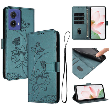 Motorola S50 Neo Lotus Embossed PU Leather Wallet Phone Case with Card Holder, Cash Pocket, Magnetic Flip Stand Cover, Wrist Lanyard Strap, Shockproof TPU Protective Folio Case - Purple