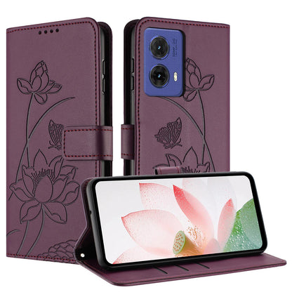 Motorola Moto G85 Lotus Embossed PU Leather Wallet Phone Case with Card Holder, Cash Pocket, Magnetic Flip Stand Cover, Wrist Lanyard Strap, Shockproof TPU Protective Folio Case - Purple
