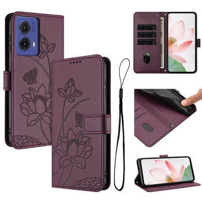 Motorola S50 Neo Lotus Embossed PU Leather Wallet Phone Case with Card Holder, Cash Pocket, Magnetic Flip Stand Cover, Wrist Lanyard Strap, Shockproof TPU Protective Folio Case - Purple