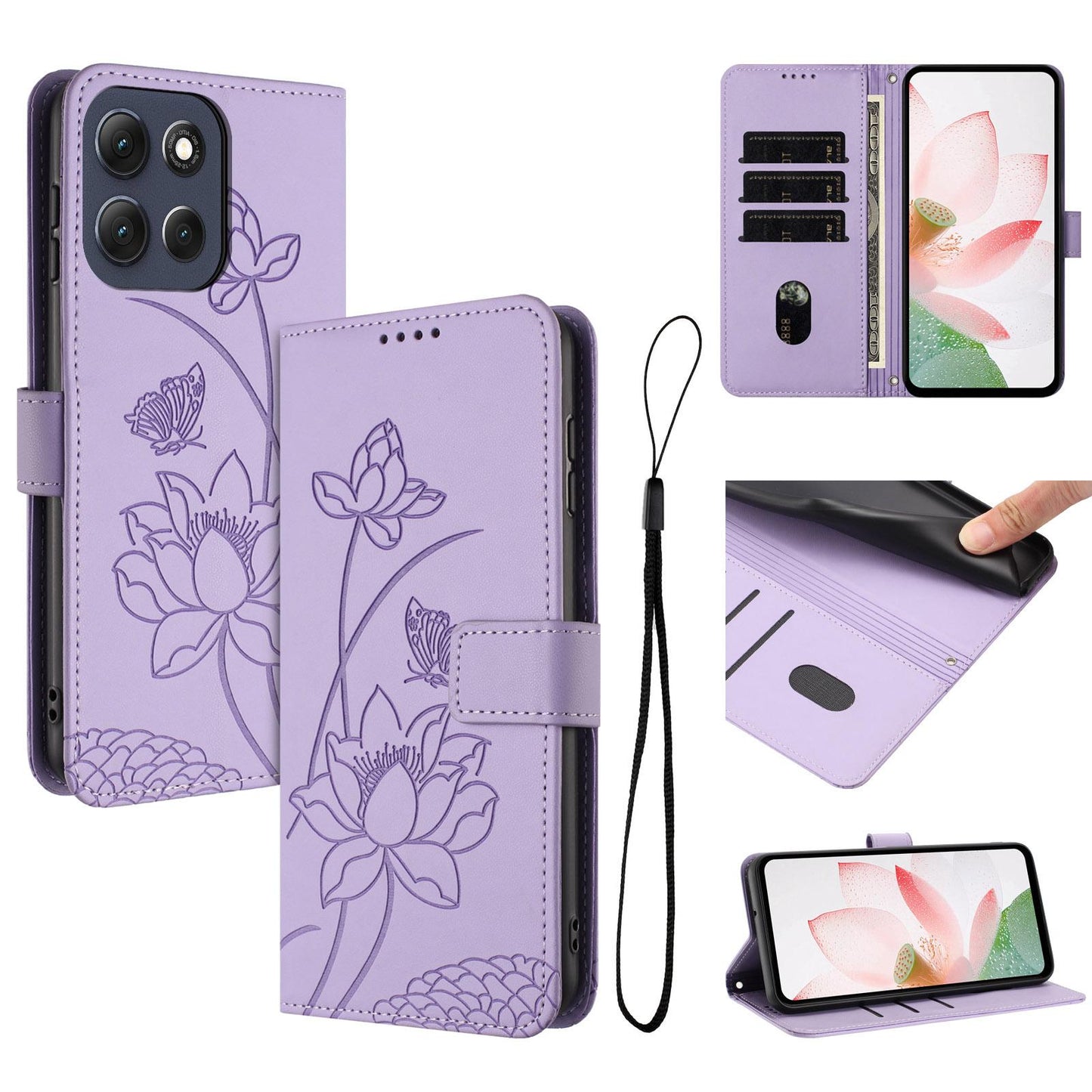 Motorola Moto G86 5G Lotus Embossed PU Leather Wallet Phone Case with Card Holder, Cash Pocket, Magnetic Flip Stand Cover, Wrist Lanyard Strap, Shockproof TPU Protective Folio Case - Purple