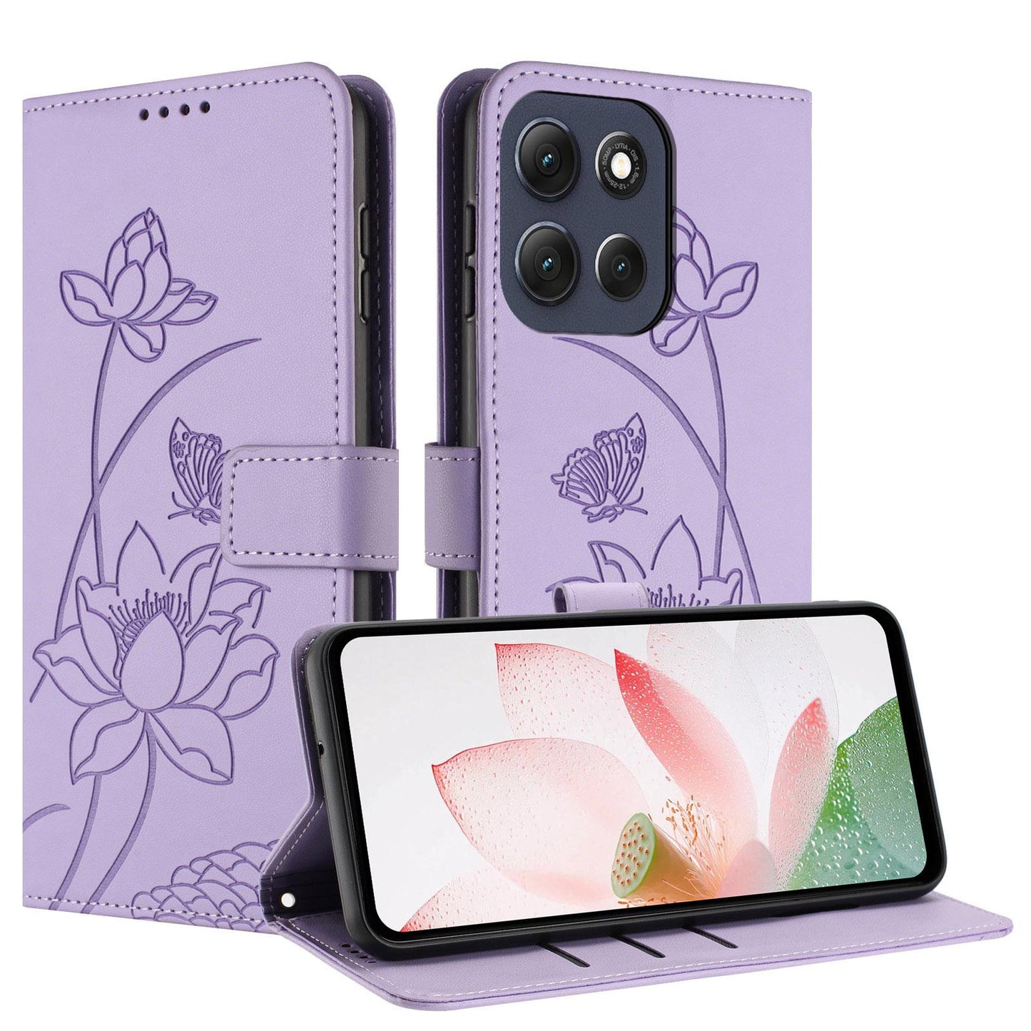 Motorola Moto G86 5G Lotus Embossed PU Leather Wallet Phone Case with Card Holder, Cash Pocket, Magnetic Flip Stand Cover, Wrist Lanyard Strap, Shockproof TPU Protective Folio Case - Purple