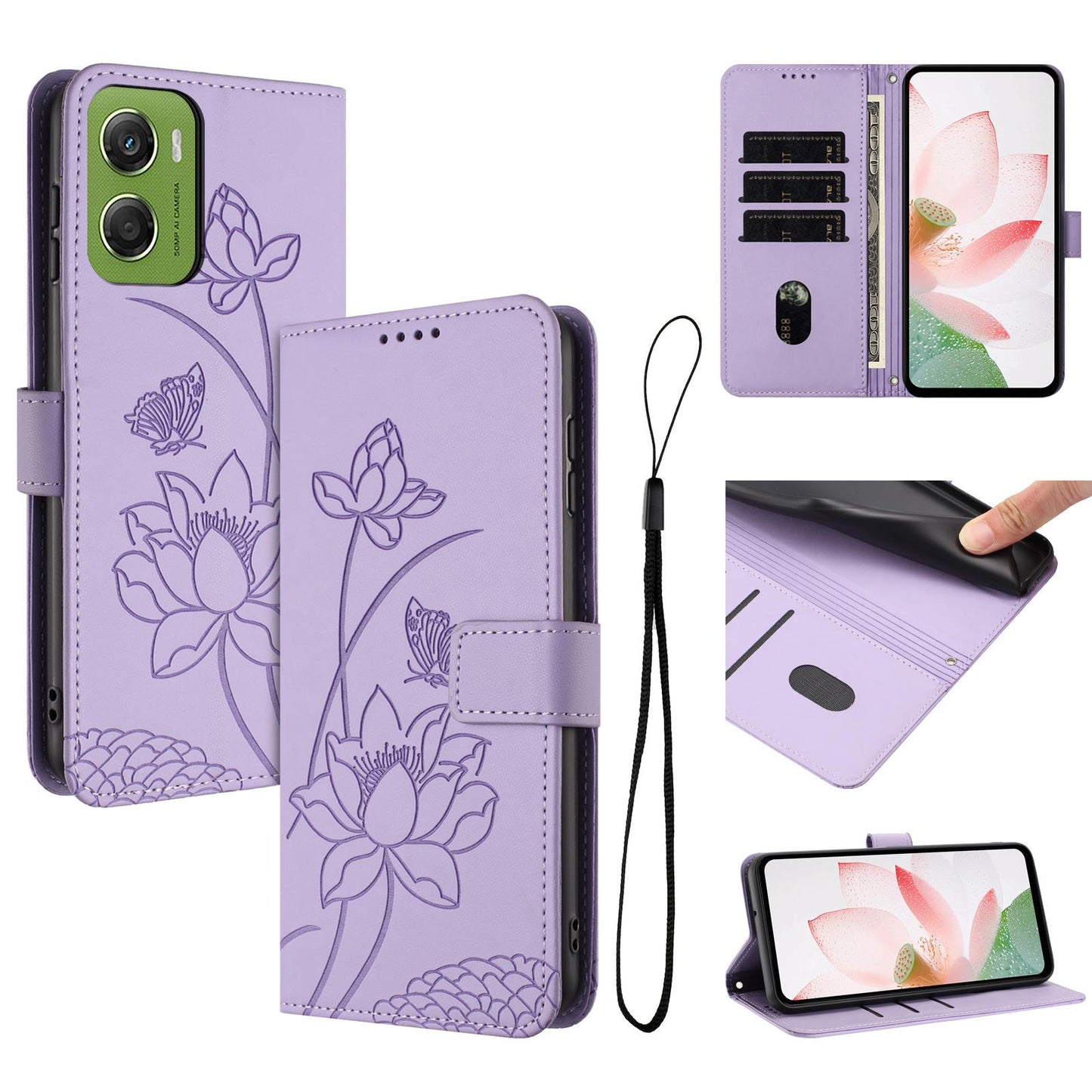 Motorola Moto G06 4G Lotus Embossed PU Leather Wallet Phone Case with Card Holder, Cash Pocket, Magnetic Flip Stand Cover, Wrist Lanyard Strap, Shockproof TPU Protective Folio Case - Purple