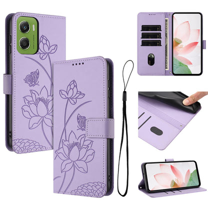 Motorola Moto G06 4G Lotus Embossed PU Leather Wallet Phone Case with Card Holder, Cash Pocket, Magnetic Flip Stand Cover, Wrist Lanyard Strap, Shockproof TPU Protective Folio Case - Purple