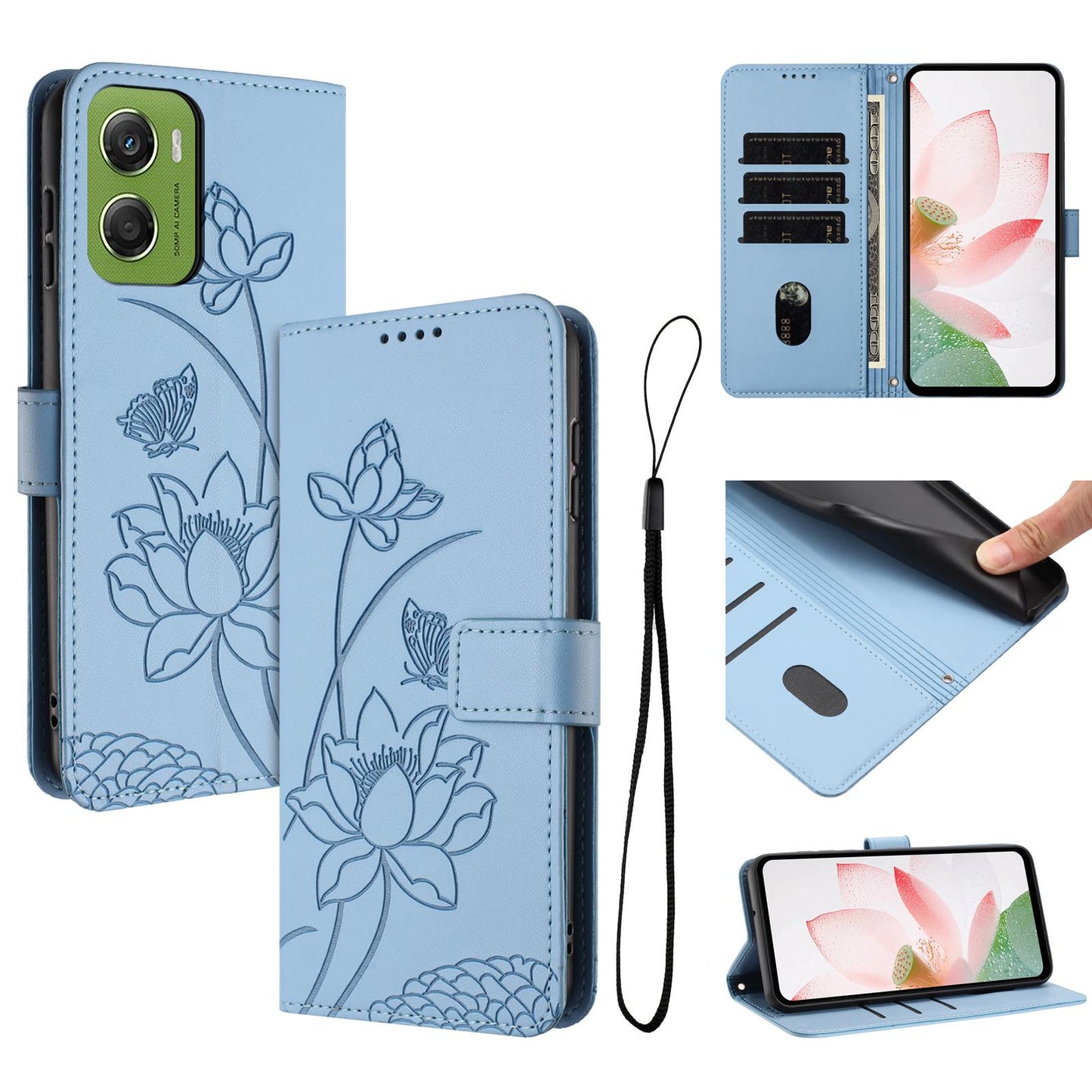 Motorola Moto G06 4G Lotus Embossed PU Leather Wallet Phone Case with Card Holder, Cash Pocket, Magnetic Flip Stand Cover, Wrist Lanyard Strap, Shockproof TPU Protective Folio Case - Purple