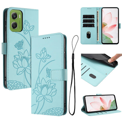 Motorola Moto G06 4G Lotus Embossed PU Leather Wallet Phone Case with Card Holder, Cash Pocket, Magnetic Flip Stand Cover, Wrist Lanyard Strap, Shockproof TPU Protective Folio Case - Purple