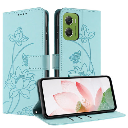 Motorola Moto G06 4G Lotus Embossed PU Leather Wallet Phone Case with Card Holder, Cash Pocket, Magnetic Flip Stand Cover, Wrist Lanyard Strap, Shockproof TPU Protective Folio Case - Purple