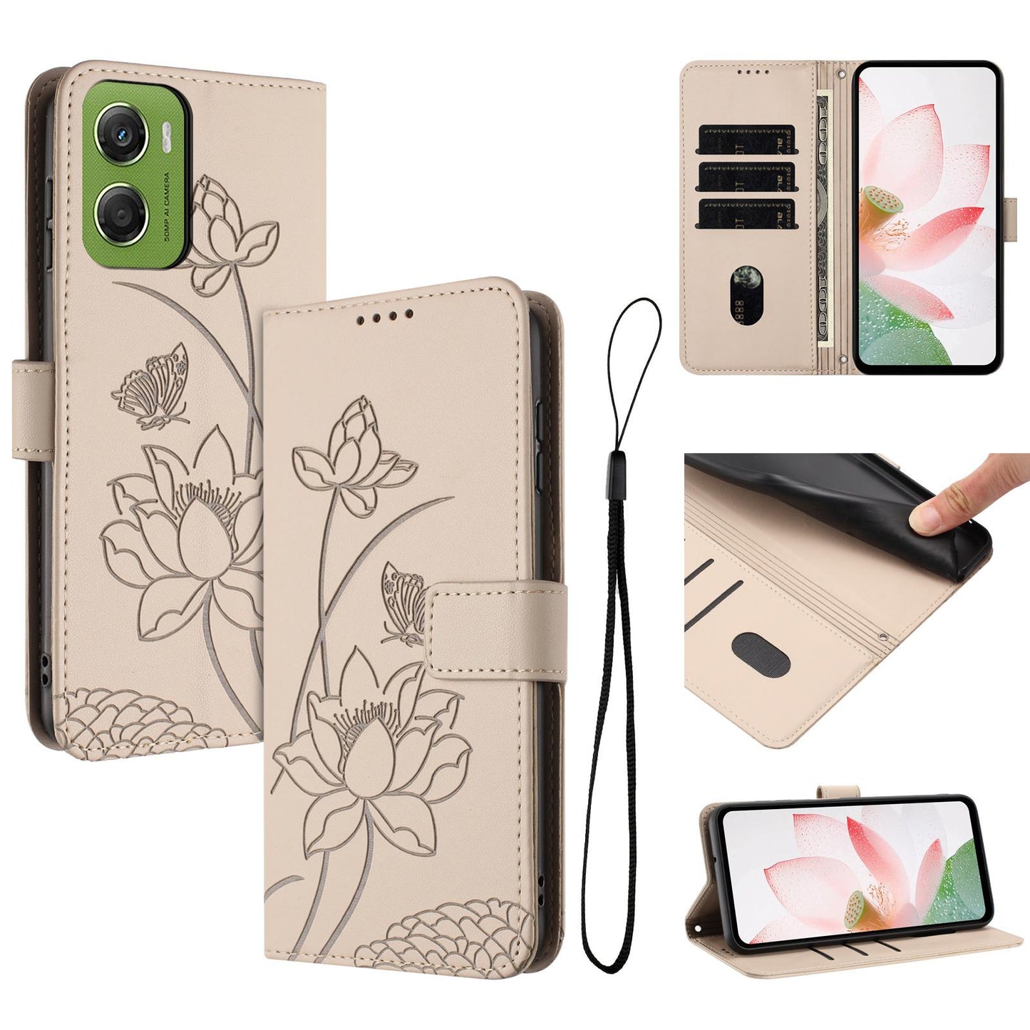Motorola Moto G06 4G Lotus Embossed PU Leather Wallet Phone Case with Card Holder, Cash Pocket, Magnetic Flip Stand Cover, Wrist Lanyard Strap, Shockproof TPU Protective Folio Case - Purple