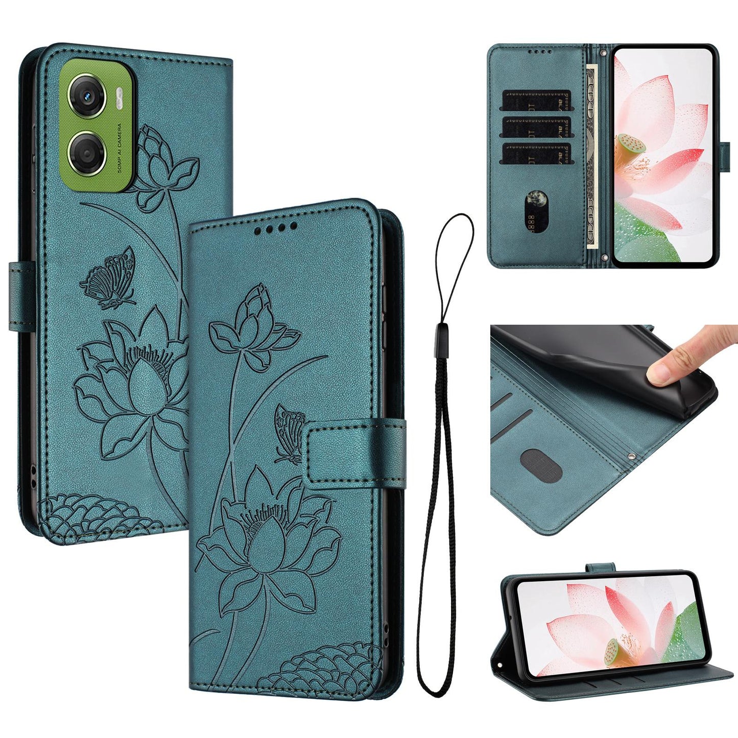 Motorola Moto G06 4G Lotus Embossed PU Leather Wallet Phone Case with Card Holder, Cash Pocket, Magnetic Flip Stand Cover, Wrist Lanyard Strap, Shockproof TPU Protective Folio Case - Purple