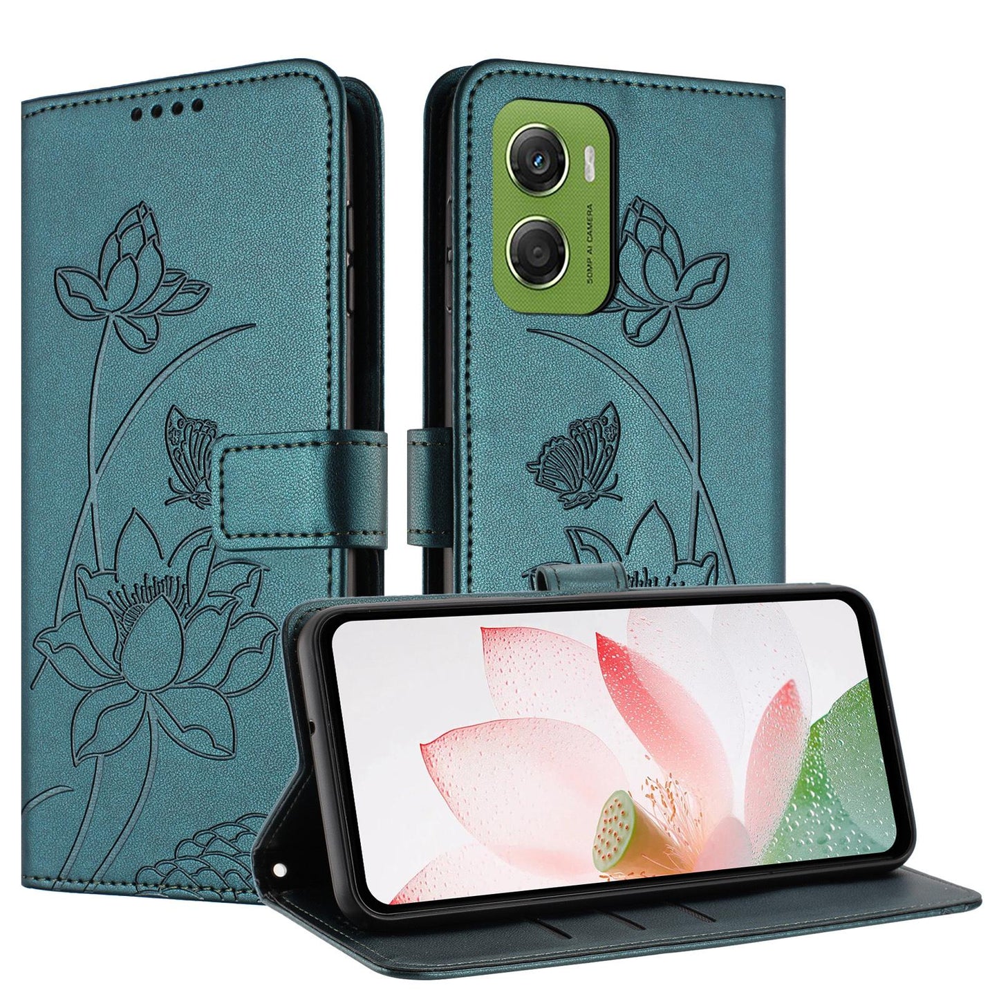 Motorola Moto G06 4G Lotus Embossed PU Leather Wallet Phone Case with Card Holder, Cash Pocket, Magnetic Flip Stand Cover, Wrist Lanyard Strap, Shockproof TPU Protective Folio Case - Purple