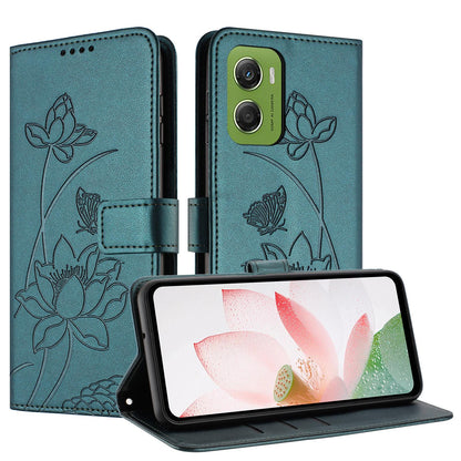 Motorola Moto G06 4G Lotus Embossed PU Leather Wallet Phone Case with Card Holder, Cash Pocket, Magnetic Flip Stand Cover, Wrist Lanyard Strap, Shockproof TPU Protective Folio Case - Purple