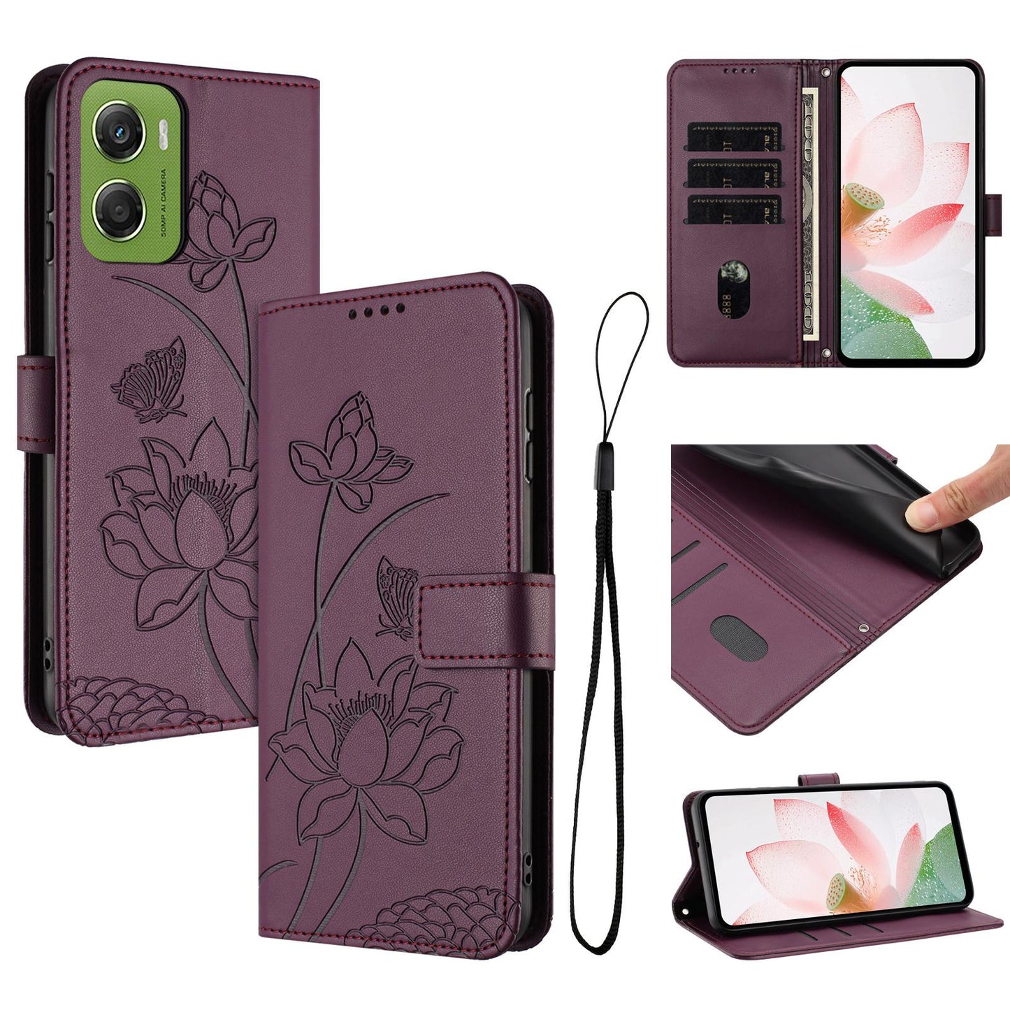 Motorola Moto G06 4G Lotus Embossed PU Leather Wallet Phone Case with Card Holder, Cash Pocket, Magnetic Flip Stand Cover, Wrist Lanyard Strap, Shockproof TPU Protective Folio Case - Purple