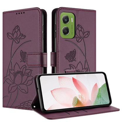 Motorola Moto G06 4G Lotus Embossed PU Leather Wallet Phone Case with Card Holder, Cash Pocket, Magnetic Flip Stand Cover, Wrist Lanyard Strap, Shockproof TPU Protective Folio Case - Purple