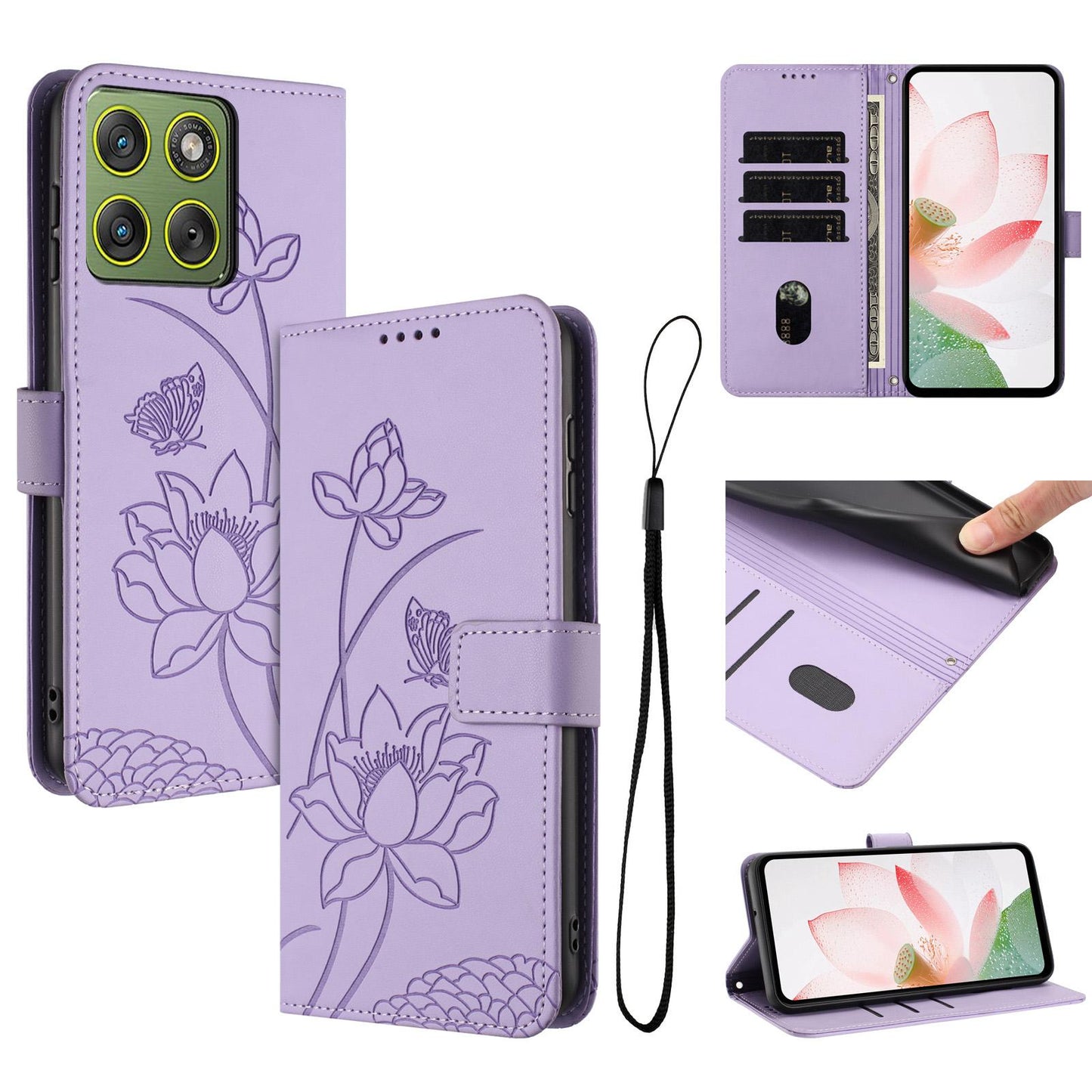 Motorola Edge 70 5G Lotus Embossed PU Leather Wallet Phone Case with Card Holder, Cash Pocket, Magnetic Flip Stand Cover, Wrist Lanyard Strap, Shockproof TPU Protective Folio Case - Purple