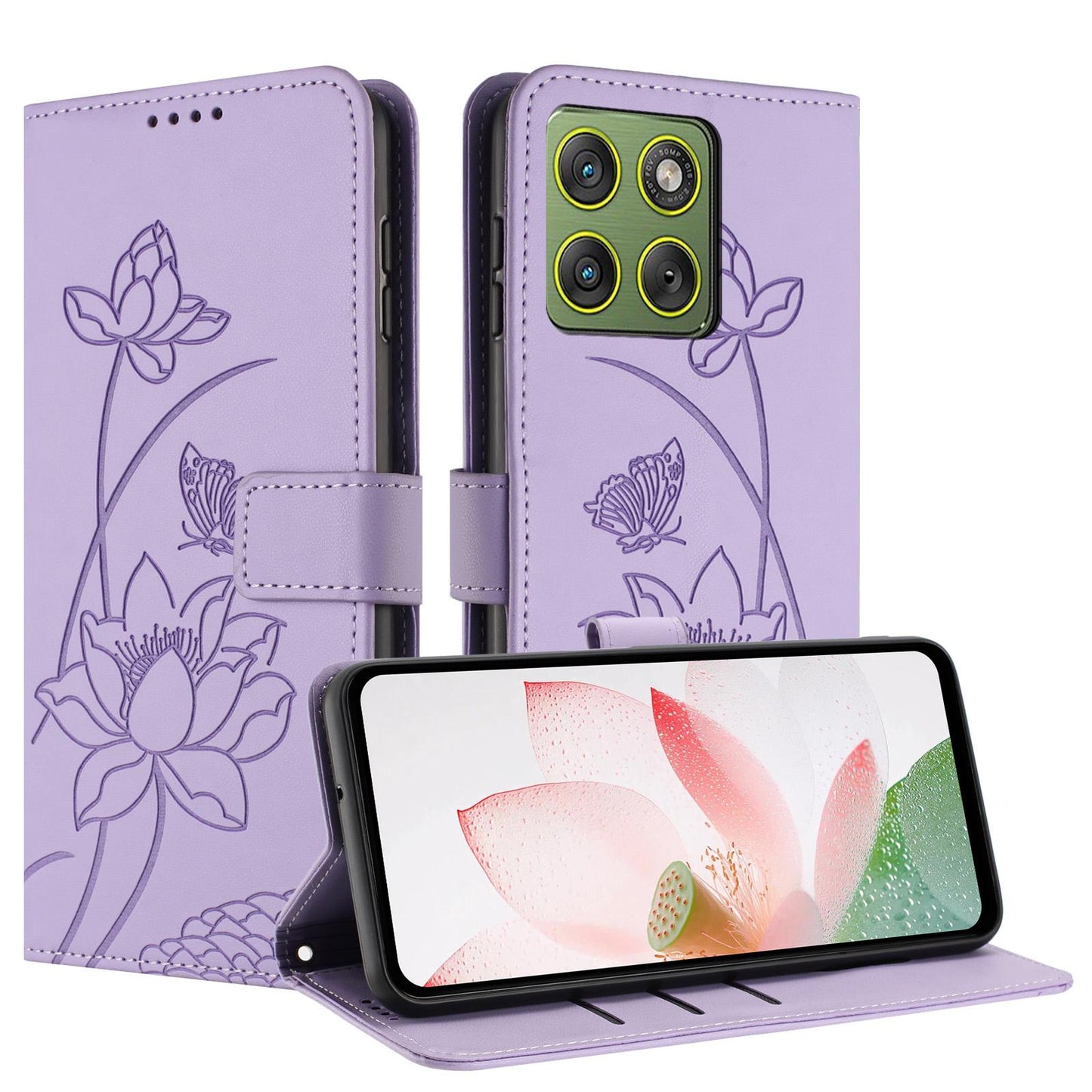 Motorola Edge 70 5G Lotus Embossed PU Leather Wallet Phone Case with Card Holder, Cash Pocket, Magnetic Flip Stand Cover, Wrist Lanyard Strap, Shockproof TPU Protective Folio Case - Purple