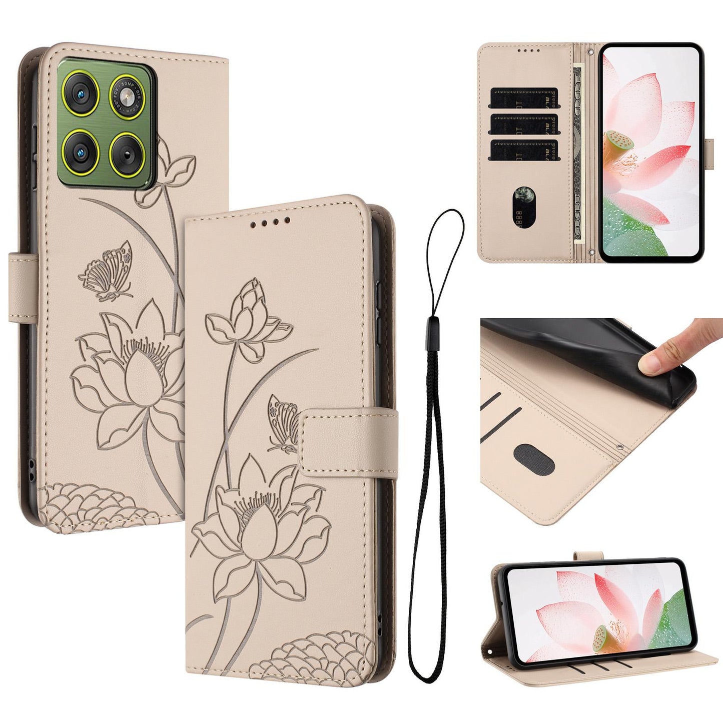 Motorola Edge 70 5G Lotus Embossed PU Leather Wallet Phone Case with Card Holder, Cash Pocket, Magnetic Flip Stand Cover, Wrist Lanyard Strap, Shockproof TPU Protective Folio Case - Purple