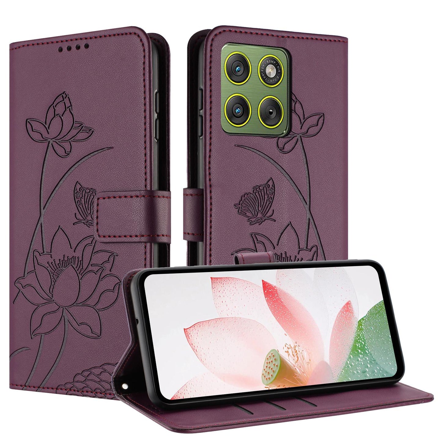Motorola Edge 70 5G Lotus Embossed PU Leather Wallet Phone Case with Card Holder, Cash Pocket, Magnetic Flip Stand Cover, Wrist Lanyard Strap, Shockproof TPU Protective Folio Case - Purple