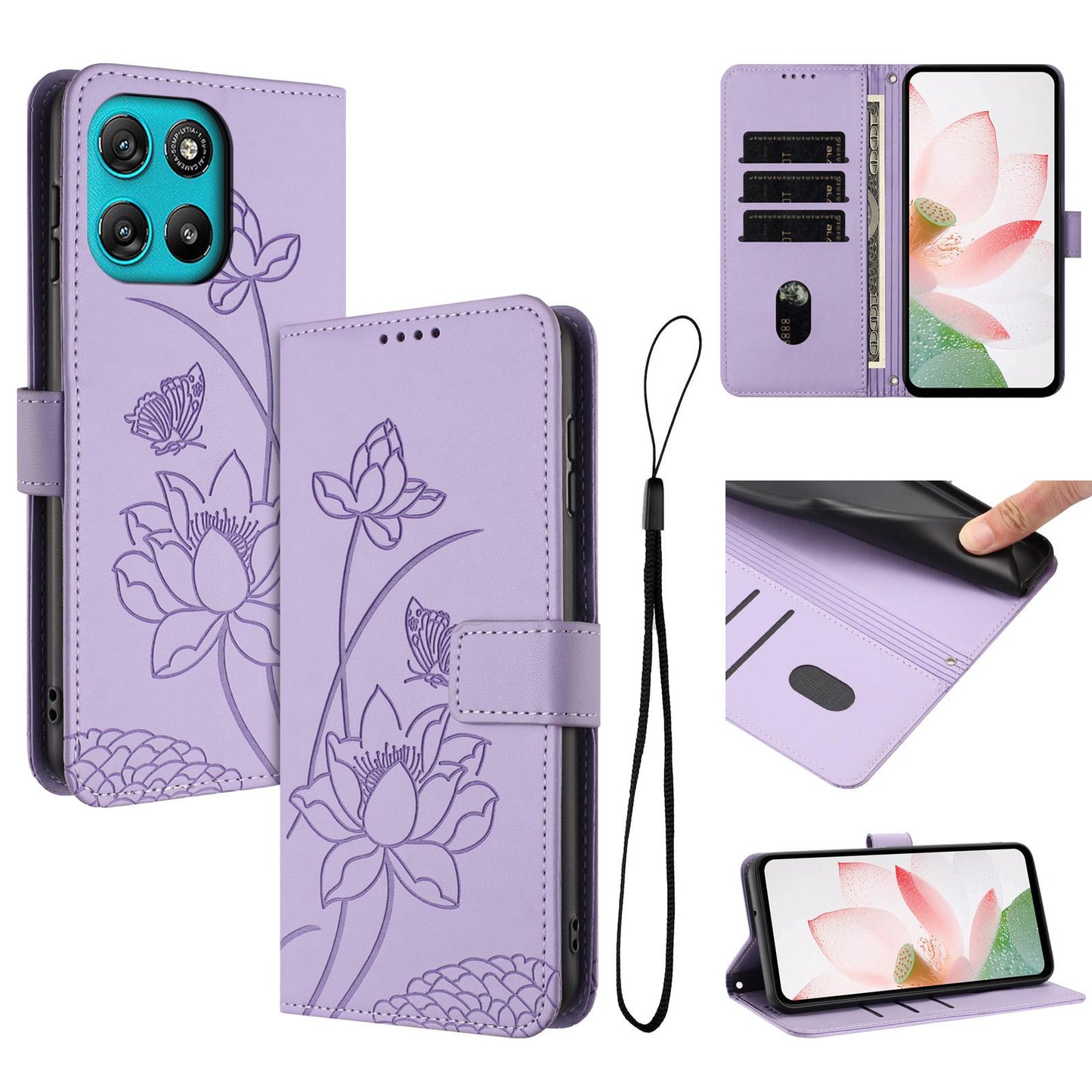 Motorola Moto G67 Power Lotus Embossed PU Leather Wallet Phone Case with Card Holder, Cash Pocket, Magnetic Flip Stand Cover, Wrist Lanyard Strap, Shockproof TPU Protective Folio Case - Purple