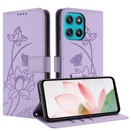 Motorola Moto G57 Power Lotus Embossed PU Leather Wallet Phone Case with Card Holder, Cash Pocket, Magnetic Flip Stand Cover, Wrist Lanyard Strap, Shockproof TPU Protective Folio Case - Purple