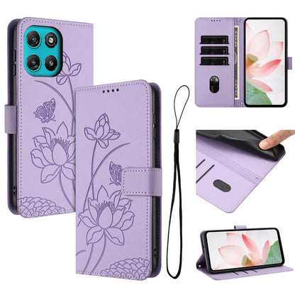 Motorola Moto G57 Power Lotus Embossed PU Leather Wallet Phone Case with Card Holder, Cash Pocket, Magnetic Flip Stand Cover, Wrist Lanyard Strap, Shockproof TPU Protective Folio Case - Purple