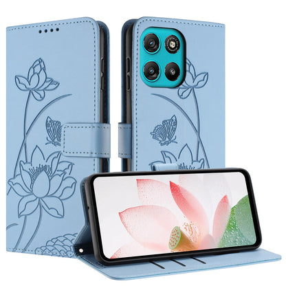 Motorola Moto G67 Power Lotus Embossed PU Leather Wallet Phone Case with Card Holder, Cash Pocket, Magnetic Flip Stand Cover, Wrist Lanyard Strap, Shockproof TPU Protective Folio Case - Purple