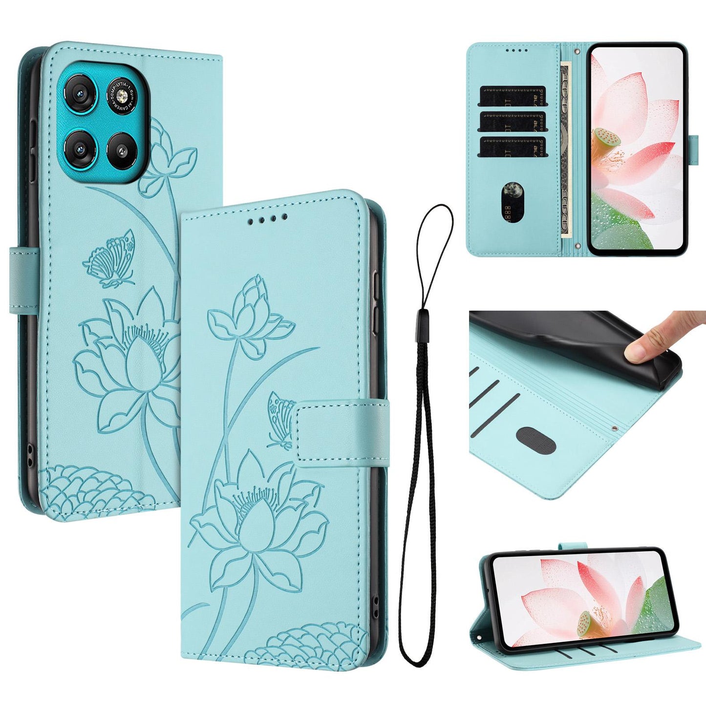 Motorola Moto G67 Power Lotus Embossed PU Leather Wallet Phone Case with Card Holder, Cash Pocket, Magnetic Flip Stand Cover, Wrist Lanyard Strap, Shockproof TPU Protective Folio Case - Purple