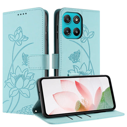 Motorola Moto G67 Power Lotus Embossed PU Leather Wallet Phone Case with Card Holder, Cash Pocket, Magnetic Flip Stand Cover, Wrist Lanyard Strap, Shockproof TPU Protective Folio Case - Purple