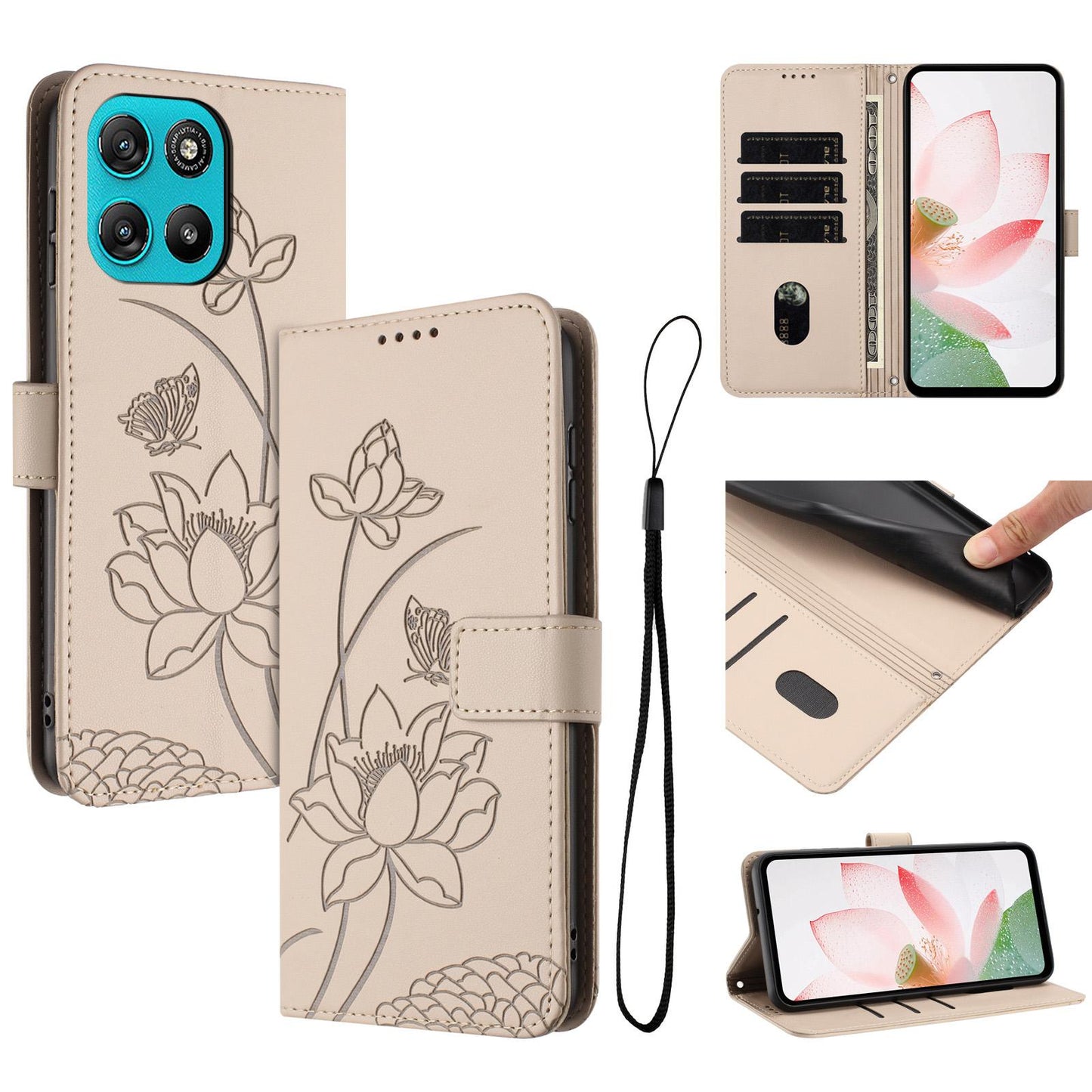 Motorola Moto G67 Power Lotus Embossed PU Leather Wallet Phone Case with Card Holder, Cash Pocket, Magnetic Flip Stand Cover, Wrist Lanyard Strap, Shockproof TPU Protective Folio Case - Purple