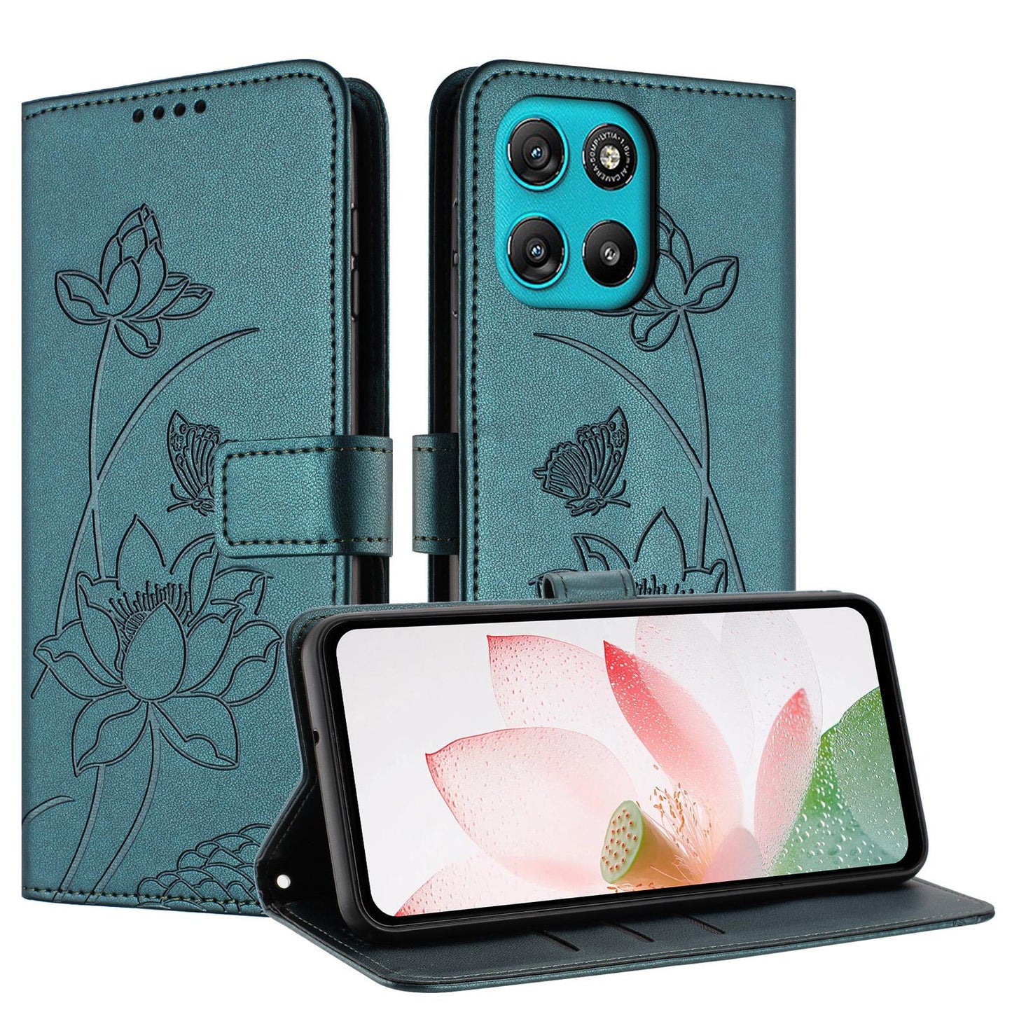 Motorola Moto G57 Power Lotus Embossed PU Leather Wallet Phone Case with Card Holder, Cash Pocket, Magnetic Flip Stand Cover, Wrist Lanyard Strap, Shockproof TPU Protective Folio Case - Purple